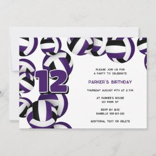 purple black volleyball boys girls birthday party invitation