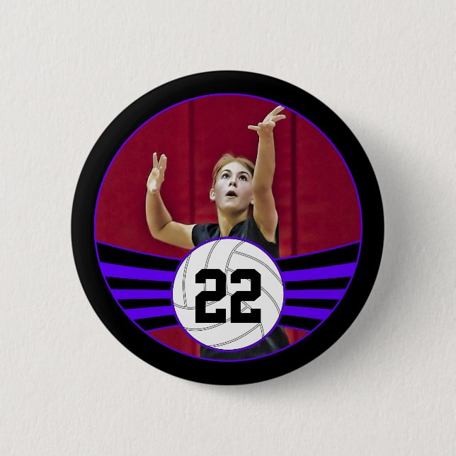 Purple & Black Volleyball Photo and Jersey Number Button (Front)