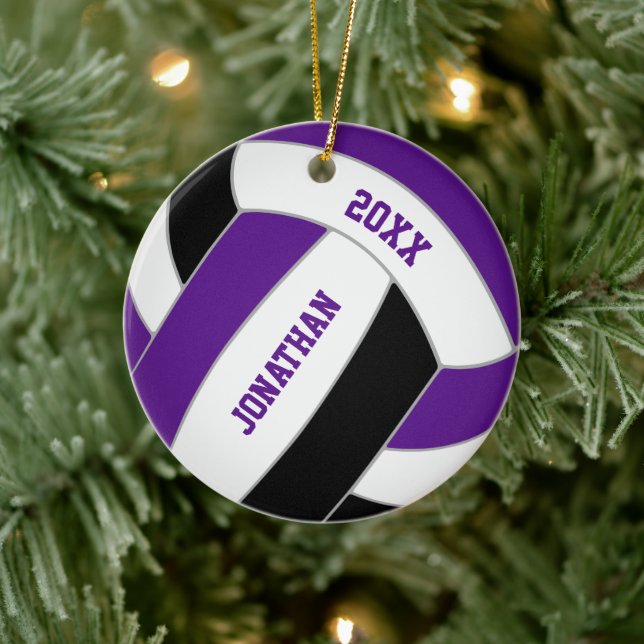 Purple black volleyball team colors personalized  ceramic ornament (Tree)
