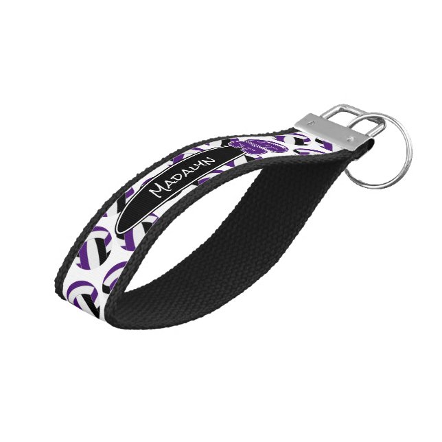 purple black volleyballs athlete name wrist keychain (Angled Up)
