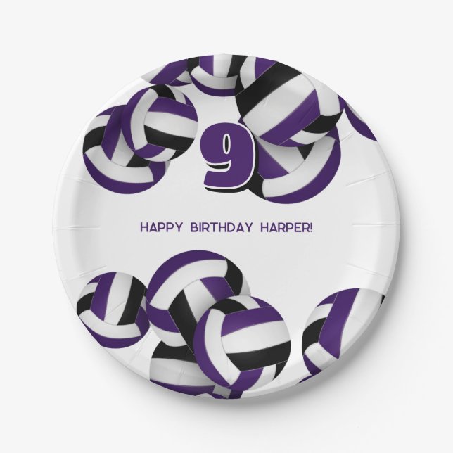 purple black volleyballs kids birthday party paper plates (Front)