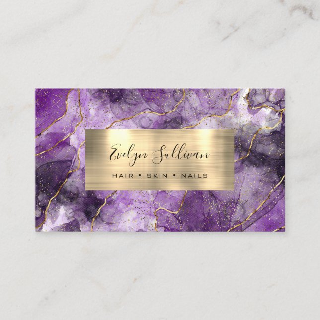 purple black Watercolor Gold Veins Business Card (Front)