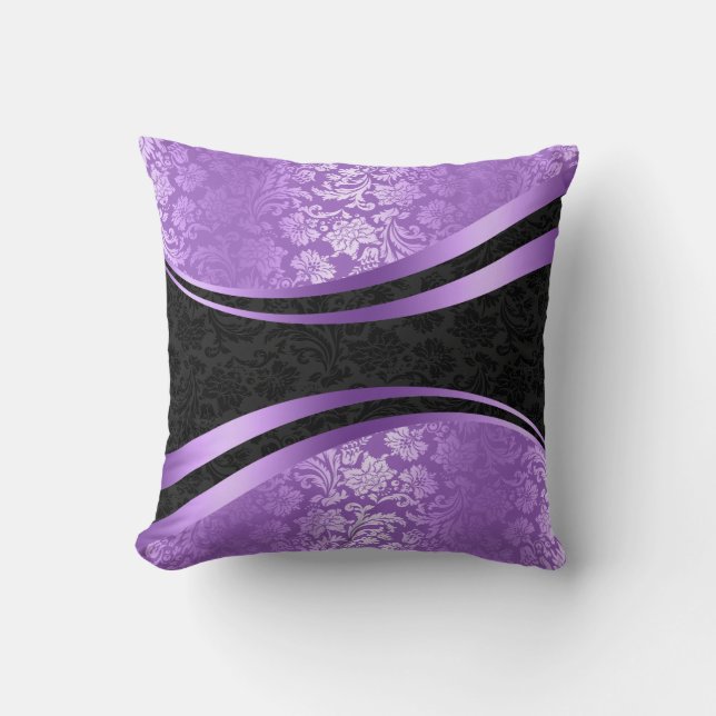 Purple & Black Wavy Stripes Geometric Design Throw Pillow (Front)