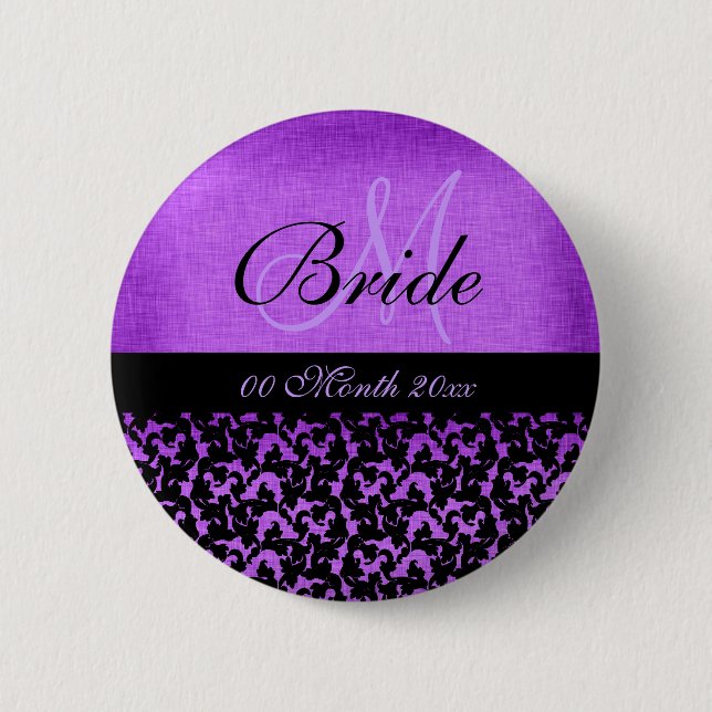 Purple black wedding bride floral damask button (Front)