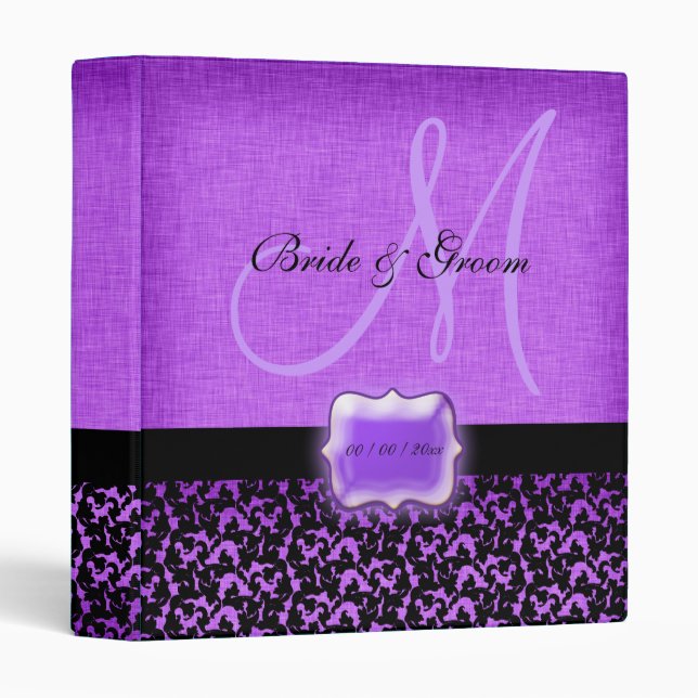 Purple black wedding floral damask 3 ring binder (Front/Spine)