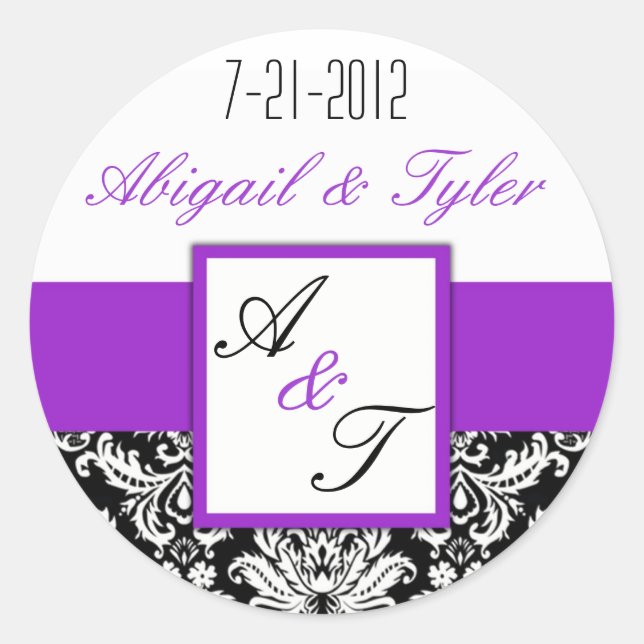 Purple Black Wedding Monogram Damask Sticker (Front)