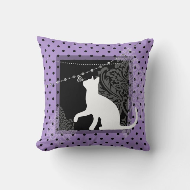 Purple black, white cat, and polka dots  throw pillow (Front)