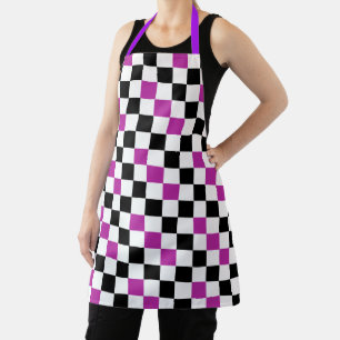Purple Black White Checkered Pattern Design Apron