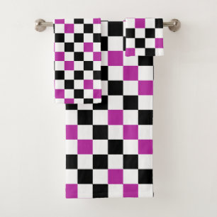Purple Black White Checkered Pattern Design  Bath Towel Set