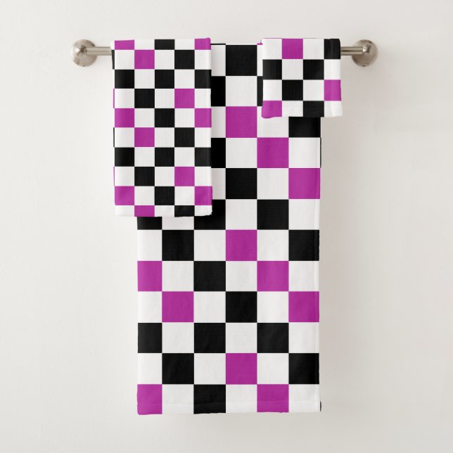 Purple Black White Checkered Pattern Design  Bath Towel Set (Insitu)