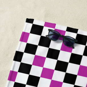 Purple Black White Checkered Pattern Design  Beach Towel