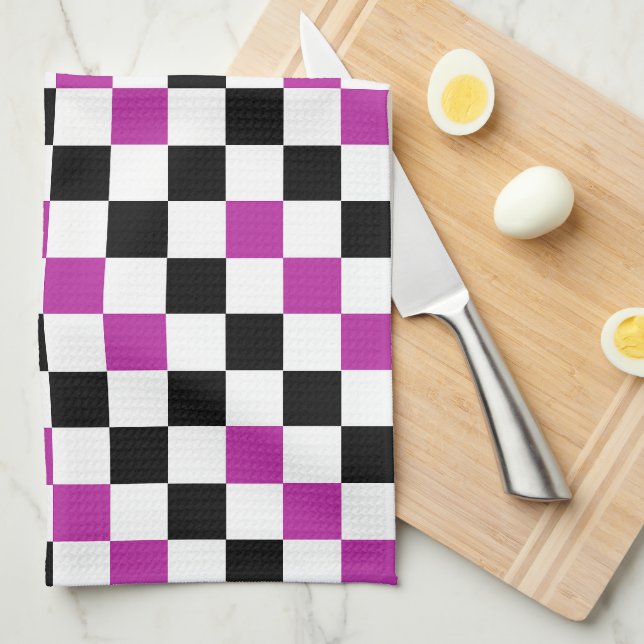 Purple Black White Checkered Pattern Design  Kitchen Towel (Quarter Fold)