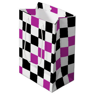 Purple Black White Checkered Pattern Design  Medium Gift Bag