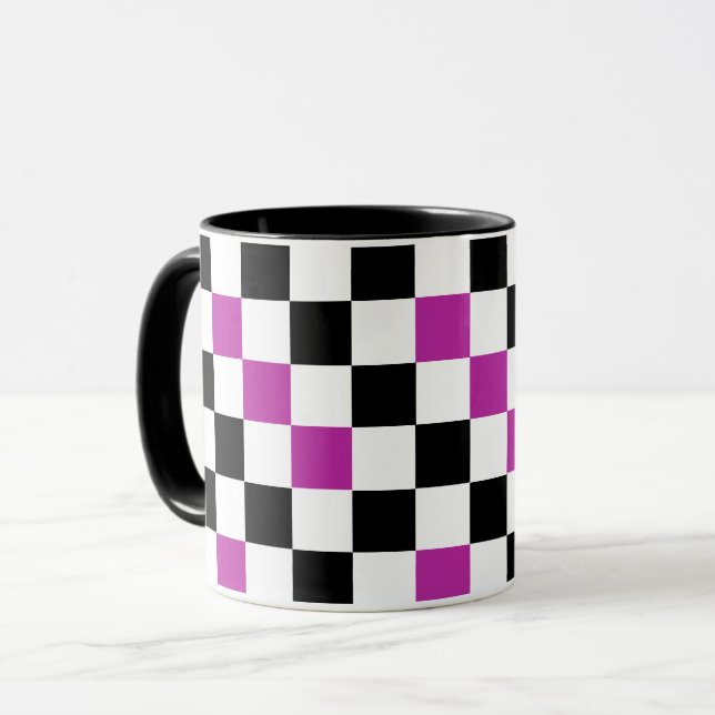 Purple Black White Checkered Pattern Design  Mug (Front Left)