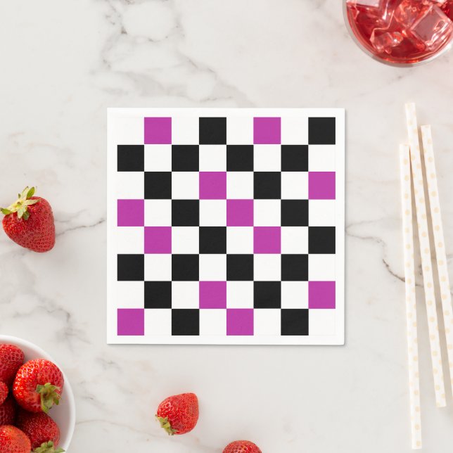 Purple Black White Checkered Pattern Design  Napkins (Insitu)