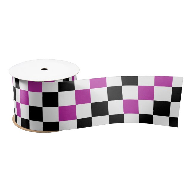 Purple Black White Checkered Pattern Design  Satin Ribbon (Spool)