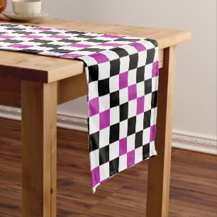 Purple Black White Checkered Pattern Design Short Table Runner