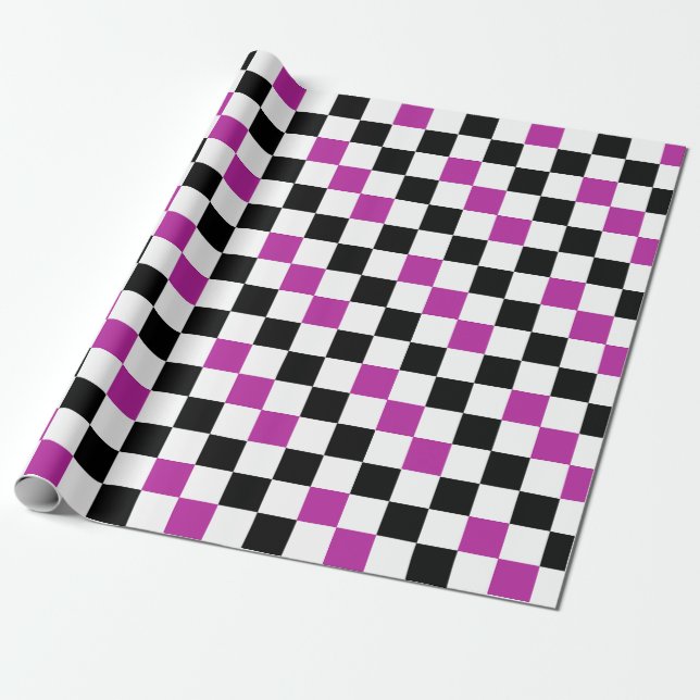 Purple Black White Checkered Pattern Design  Wrapping Paper (Unrolled)
