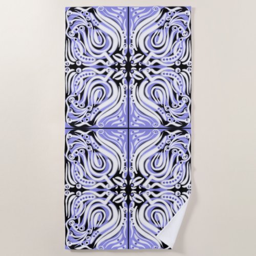 Purple Black White Curly Abstract Pattern  Beach Towel