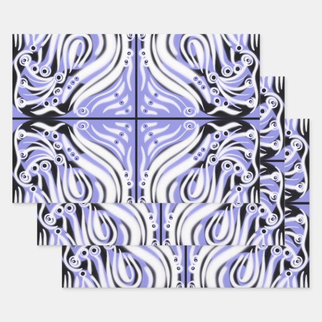 Purple Black White Curly Abstract Pattern  Wrapping Paper Sheets (Set)
