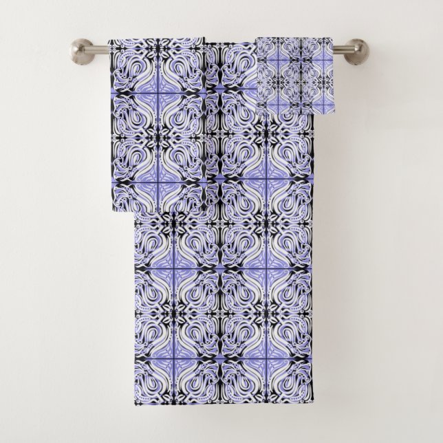 Purple Black White Curly Abstract Repeat Pattern  Bath Towel Set (Insitu)