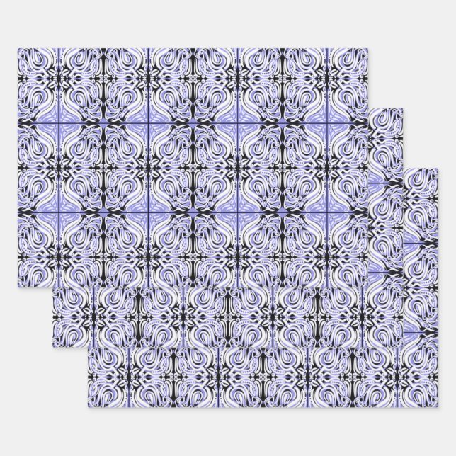 Purple Black White Curly Abstract Repeat Pattern  Wrapping Paper Sheets (Set)