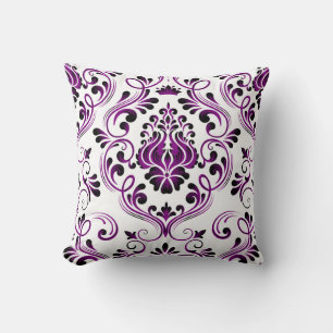 Purple Black White Damask Floral Pattern Elegant  Throw Pillow