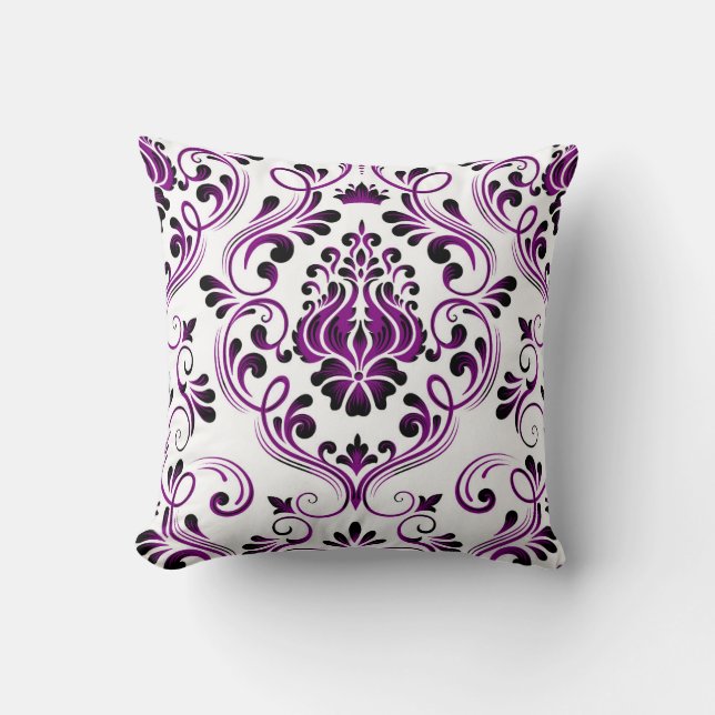 Purple Black White Damask Floral Pattern Elegant  Throw Pillow (Front)