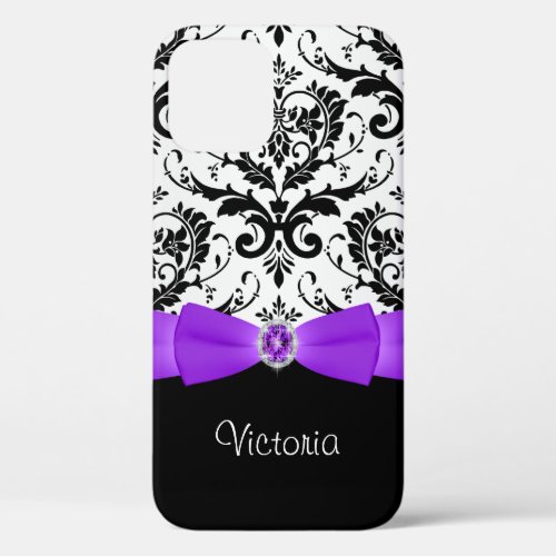 Purple Black White Damask iPhone 12 Case