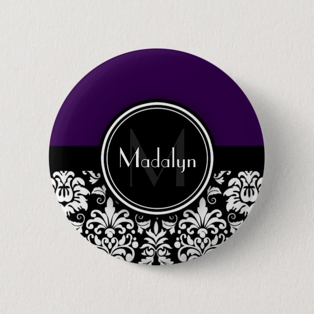 Purple Black White Damask Monogram Letter Button (Front)