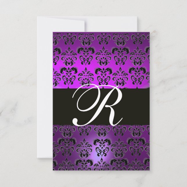 PURPLE  BLACK WHITE  DAMASK MONOGRAM RSVP INVITATION (Front)