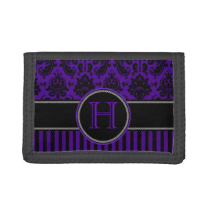 Purple Black White Damask, Stripes Tri-Fold Wallet