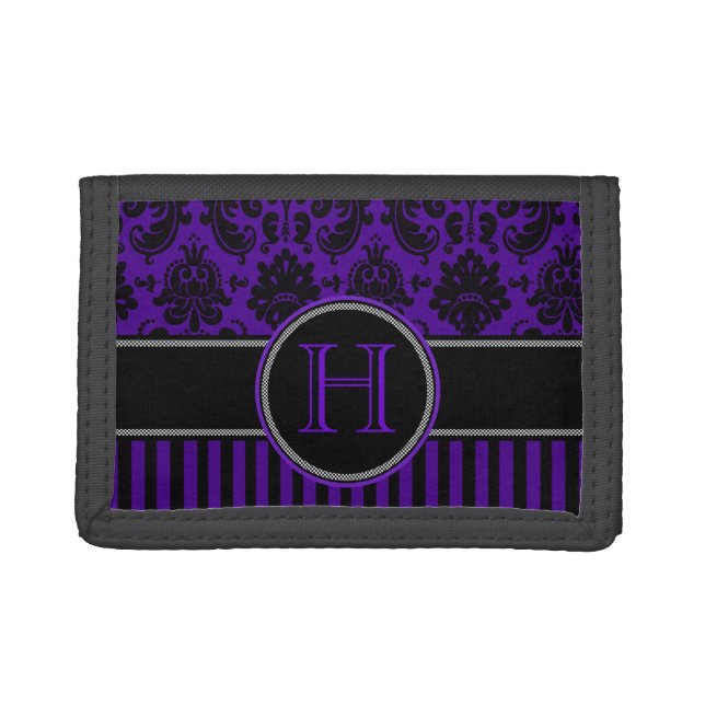 Purple Black White Damask, Stripes Tri-Fold Wallet (Front)