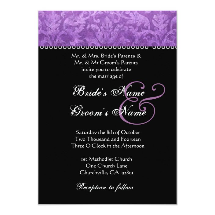 Purple Black White Damask Wedding Invitation 