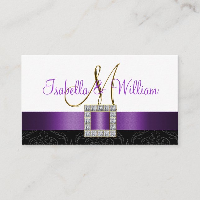 Purple Black White Damask Wedding Place Card (Front)