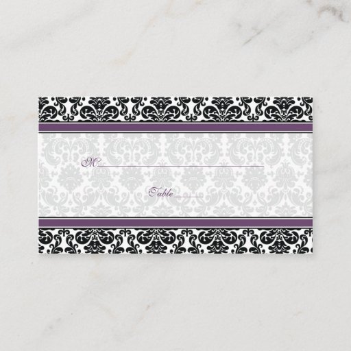 Customizable Purple, Black, White Damask Wedding Place Cards Business Card Templates