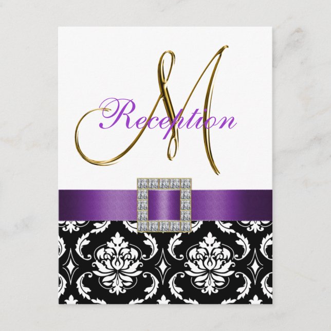 Purple Black White Damask Wedding Reception Card (Front)