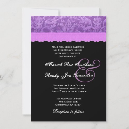 Purple Black White Damask Wedding Ver 002 Custom Invitation
