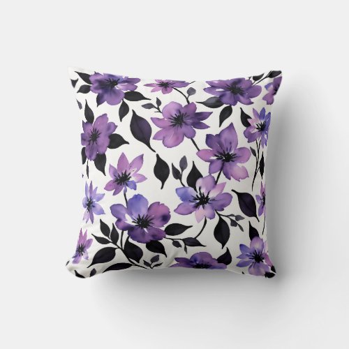 Purple Black White Floral Watercolor Pattern Throw Pillow