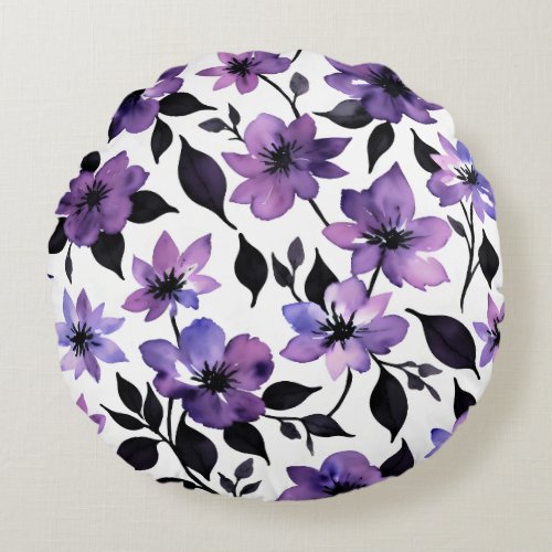 Purple Black White Floral Watercolor Round Pillow