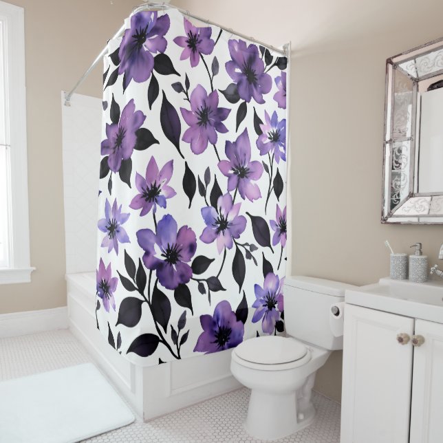 Purple Black White Floral Watercolor Shower Curtain (In Situ)