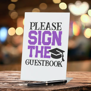 Purple, Black & White Guestbook Graduation Table Pedestal Sign