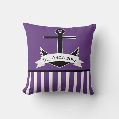 Purple Black White Nautical Design Personalized Throw Pillow