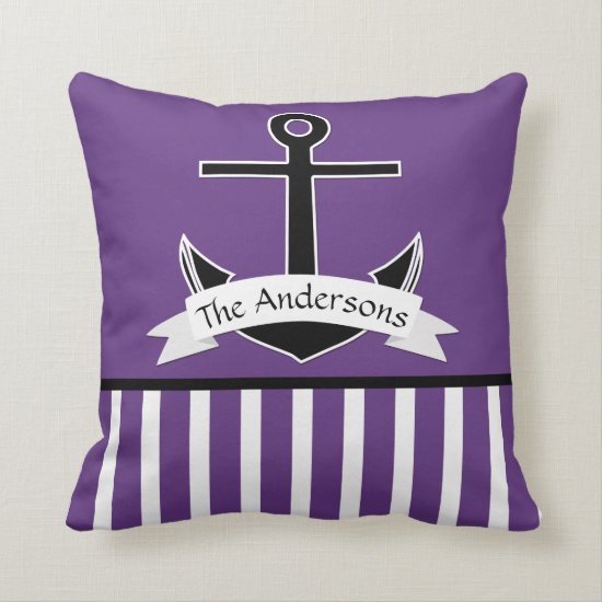 Purple Black White Nautical Design Personalized Throw Pillow