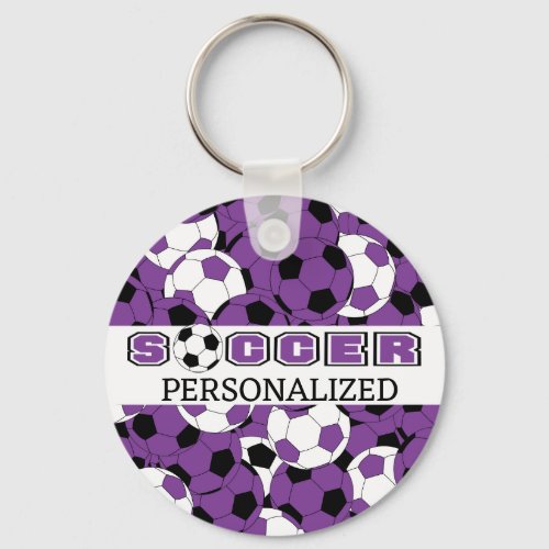 Purple Black  White Personalize Soccer Ball Keychain