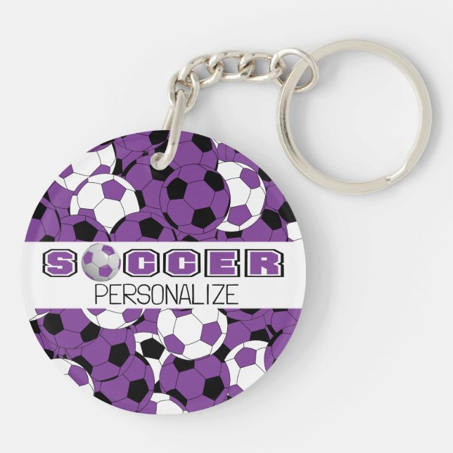 Purple, Black & White Personalize Soccer Ball   Keychain (Back)