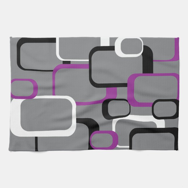 Purple Black White Retro Square Pattern Kitchen Towel (Horizontal)