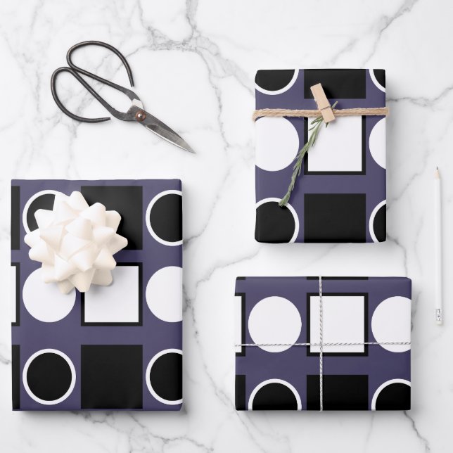 Purple Black White Square Circle Geometric Pattern Wrapping Paper Sheets (Front)