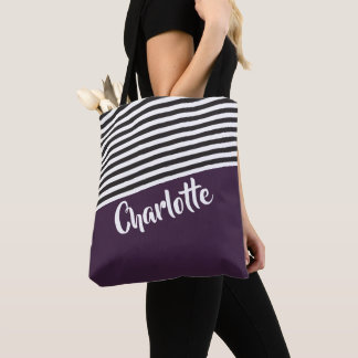 Purple Black White Striped Pattern Personalized Tote Bag