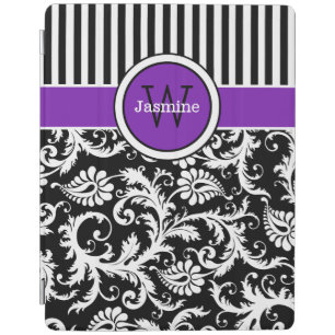 Purple Black White Stripes Damask iPad 2/3/4 Cover